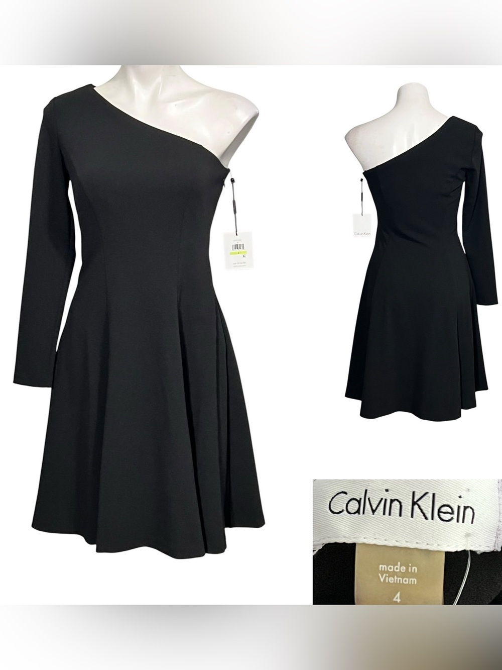 Calvin‎ Klein dress sz 4  Black One-Shoulder A-Line knee length cocktail party